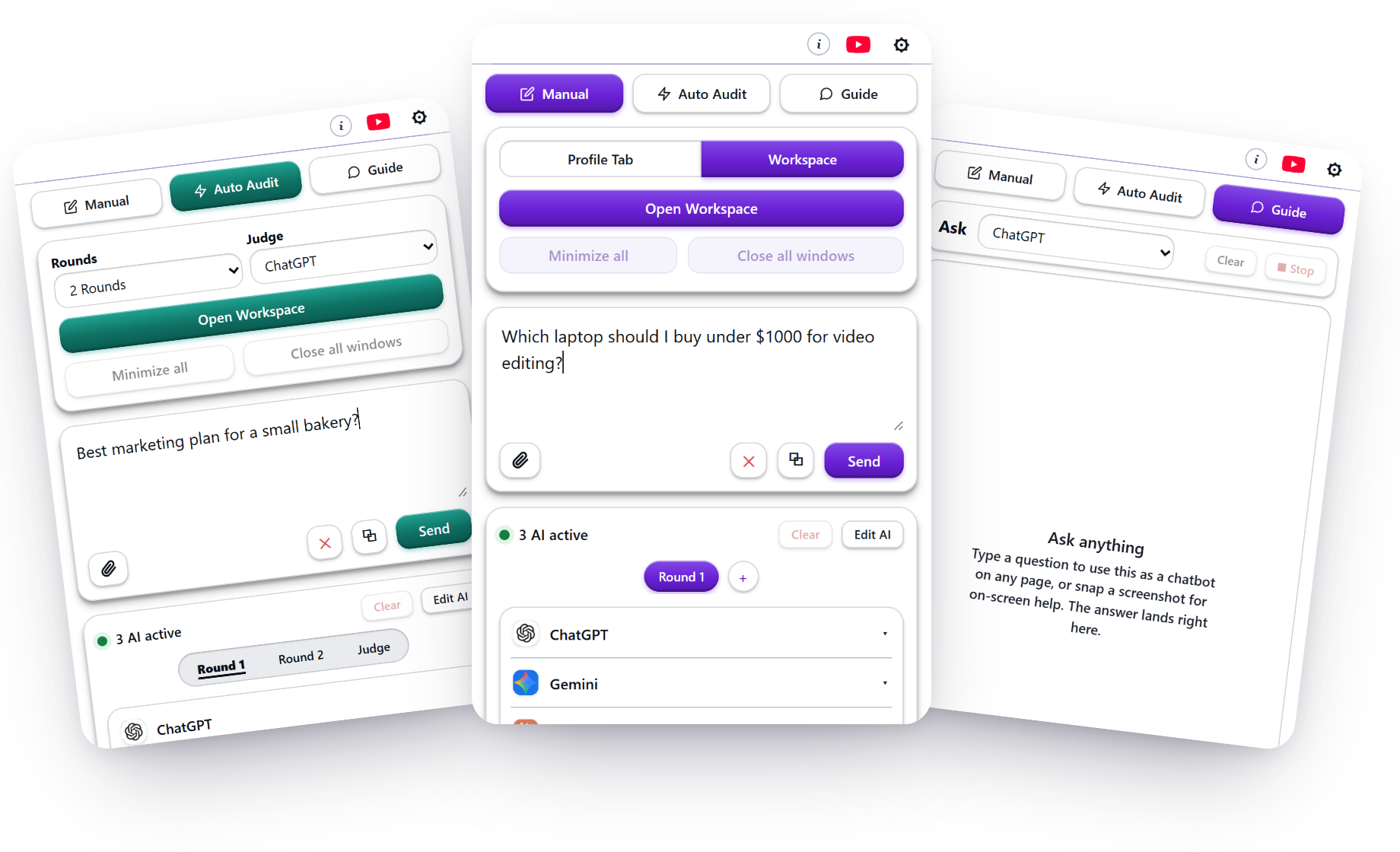 AI Audit Manual, Auto Audit and Guide modes shown side by side
