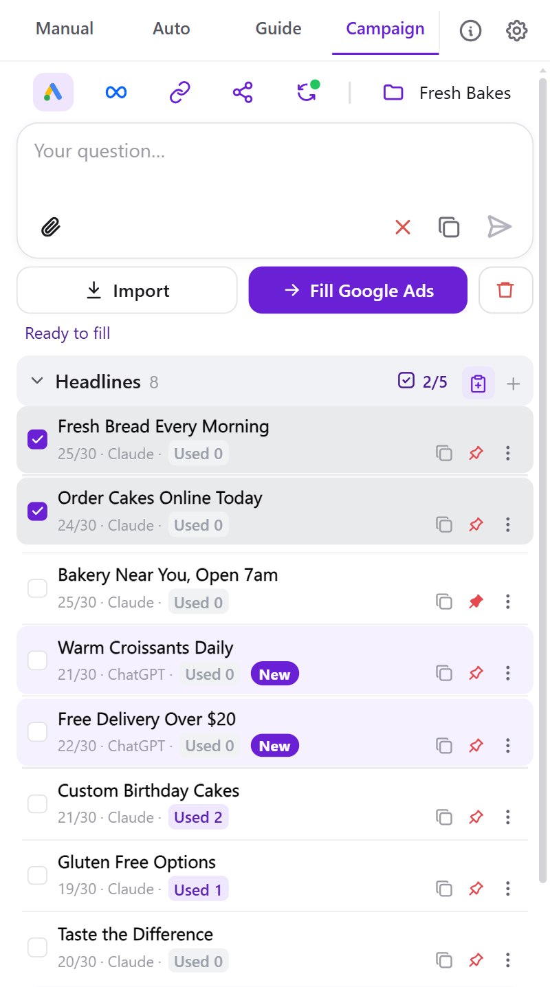 Campaign mode with Google Ads headlines, picked lines and Fill